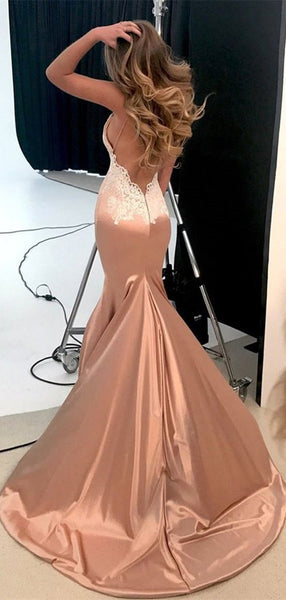 Blush Pink Lace Mermaid Backless Prom Dresses, Sexy Prom Dresses