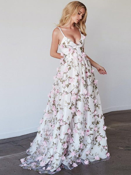 Spaghetti Floral Organza Prom Dresses, Newest Long Prom Dresses, Popular Prom Dresses