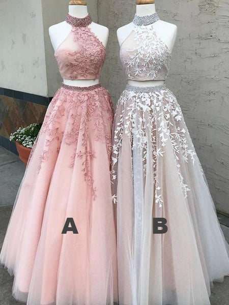 High Neck Beaded Prom Dresses, Two Pieces Lace Tulle Prom Dresses