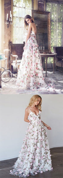 Spaghetti Floral Organza Prom Dresses, Newest Long Prom Dresses, Popular Prom Dresses