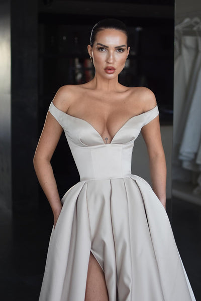 Off the Shoulder Deep V-neck Satin Prom Dresses, High Side Slit Prom Dresses, Newest Prom Dresses