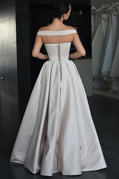 Off the Shoulder Deep V-neck Satin Prom Dresses, High Side Slit Prom Dresses, Newest Prom Dresses