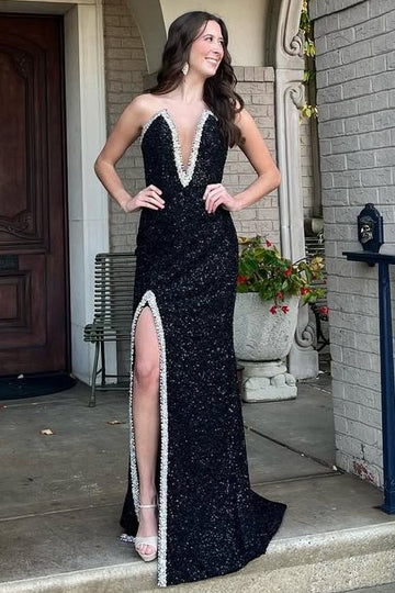 Strapless Black Bridesmaid Dresses, Sequins Newest Long Prom Dresses, Evening Formal Dresses