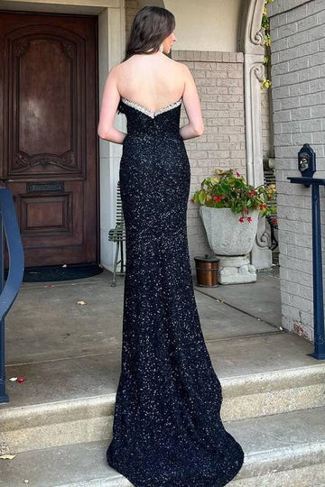 Strapless Black Bridesmaid Dresses, Sequins Newest Long Prom Dresses, Evening Formal Dresses