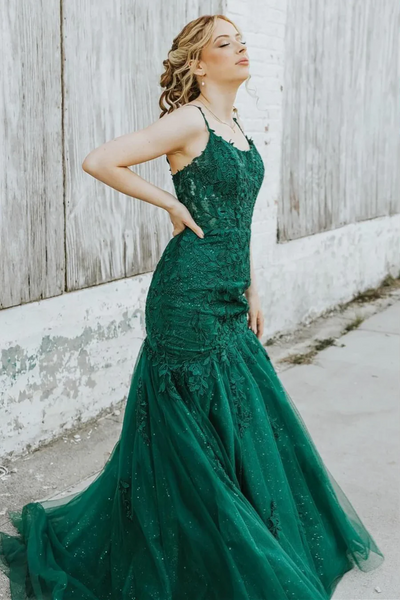 Green Mermaid Newest Long Prom Dresses, Lace Girl Graduation Party Dresses, Appliques Wedding Guest Dresses