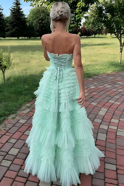 A-line Strapless Newest Long Prom Dresses, Elegant Puffy Wedding Guest Dresses, Maxi Dresses