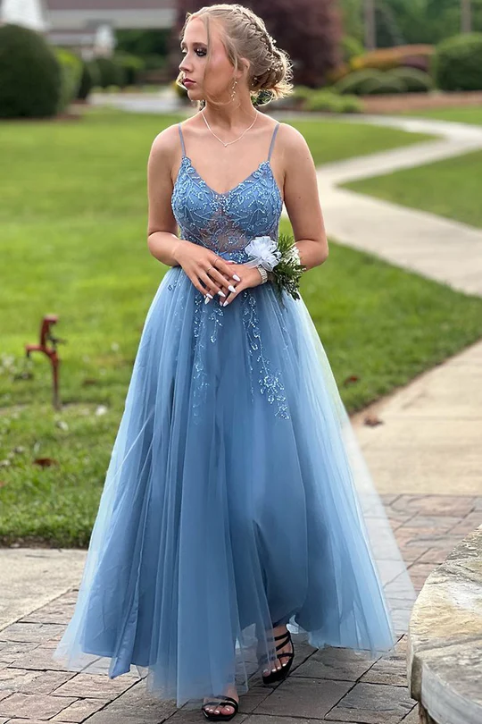 Spaghetti Straps V-neck Bridesmaid Dresses, Tulle A-line Long Prom Dresses, Wedding Guest Dresses