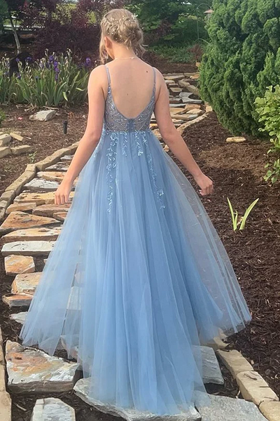 Spaghetti Straps V-neck Bridesmaid Dresses, Tulle A-line Long Prom Dresses, Wedding Guest Dresses