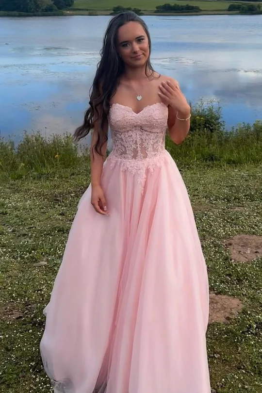 Strapless A-line Girl Party Dresses, Pink Sweetheart Newest Long Prom Dresses, 2025 Prom Dresses