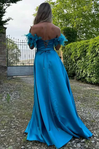 Off The Shoulder Long Bridesmaid Dresses, A-line 2025 Long Prom Dresses, High Slit Prom Dresses