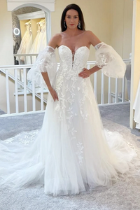 Bubble Sleeves Sweetheart Wedding Dresses, Lace A-line Elegant Bridal Gowns
