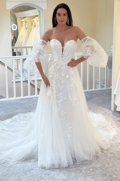 Bubble Sleeves Sweetheart Wedding Dresses, Lace A-line Elegant Bridal Gowns