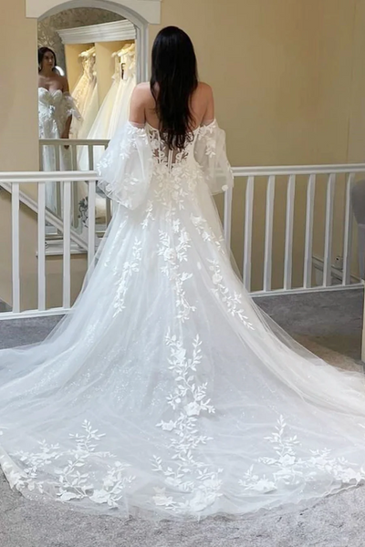 Bubble Sleeves Sweetheart Wedding Dresses, Lace A-line Elegant Bridal Gowns