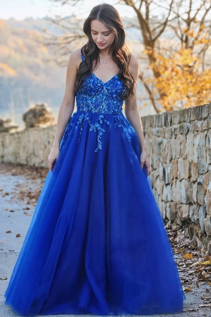 Royal Blue Elegant Newest Long Prom Dresses, Lace A-line 2025 Graduation Party Dresses