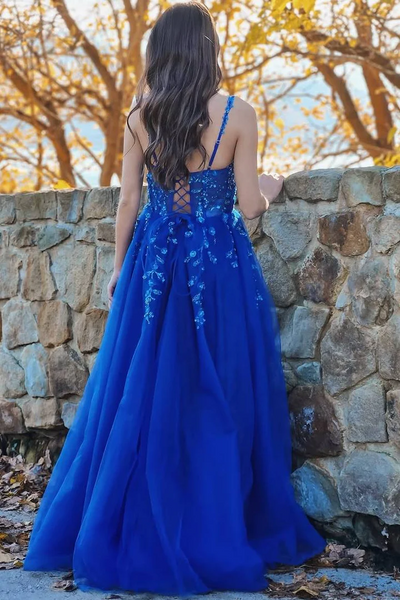 Royal Blue Elegant Newest Long Prom Dresses, Lace A-line 2025 Graduation Party Dresses