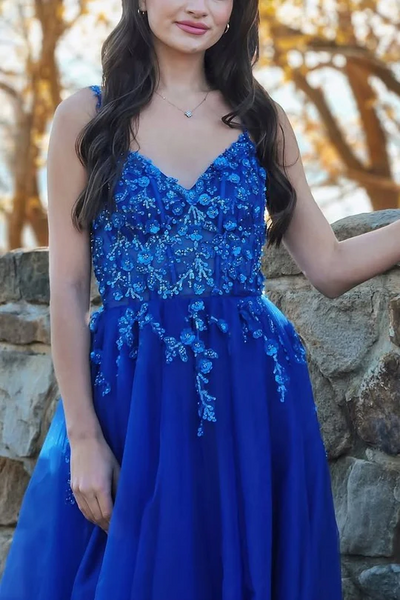 Royal Blue Elegant Newest Long Prom Dresses, Lace A-line 2025 Graduation Party Dresses