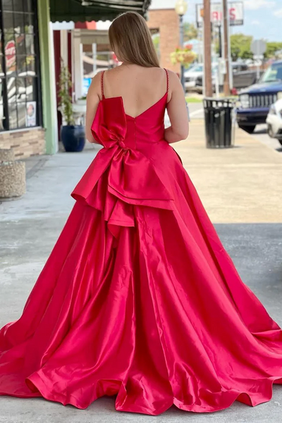 Spaghetti Straps A-line Prom Dresses, Simple Satin Prom Dresses With Bow, 2025 Newest Long Prom Dresses