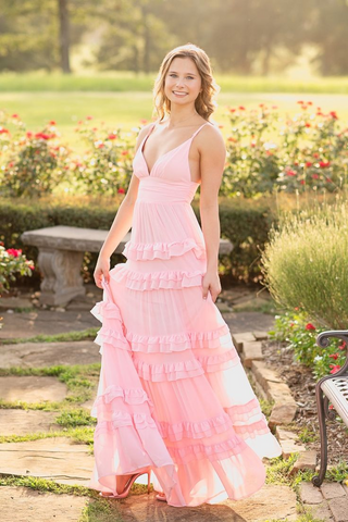 A-line Pink Chiffon Bridesmaid Dresses, Ruffles Newest Long Prom Dresses , V-neck Evening Party Dresses