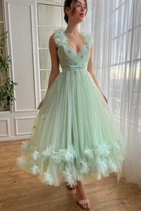 A-line Mint Newest Long Prom Dresses, Deep V-neck Girl Party Dresses, Wedding Guest Dresses