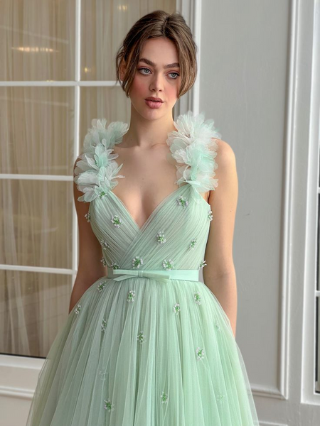 A-line Mint Newest Long Prom Dresses, Deep V-neck Girl Party Dresses, Wedding Guest Dresses