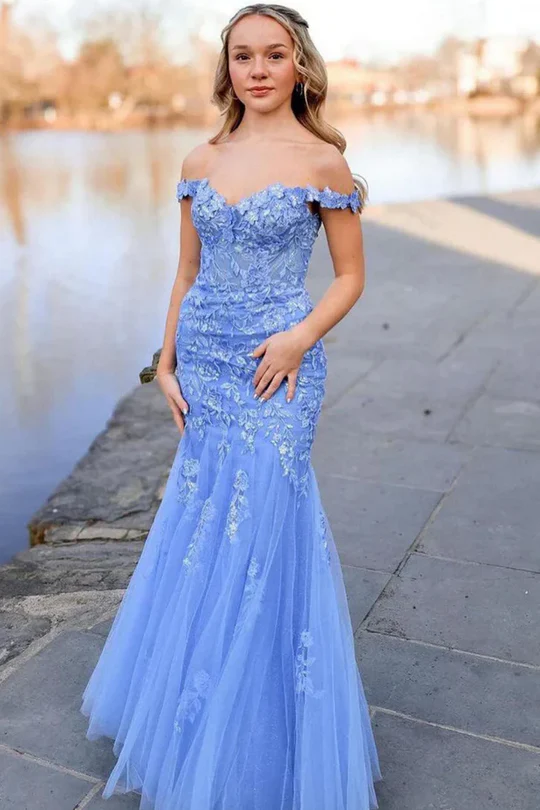 Off Shoulder Lace Popular Prom Dresses, 2025 Newest Long Prom Dresses, Appliques Bridesmaid Dresses