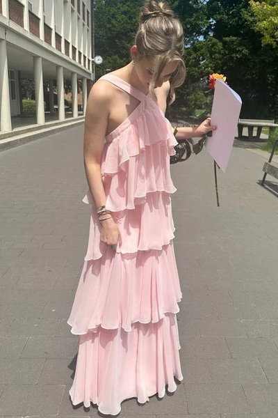 Pink A-line Fashion Bridesmaid Dresses, Chiffon Sleeveless Long Formal Dresses, 2025 Newest Long Prom Dresses