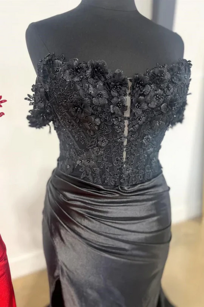 Black Mermaid Newest Long Prom Dresses, 2025 Lace Bridesmaid Dresses, Appliques Girl Party Dresses