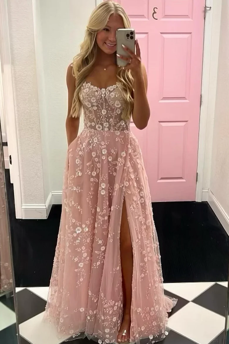 A-line Straps 2025 Newest Long Prom Dresses, Floral Girl Party Dresses, Elegant Wedding Guest Dresses