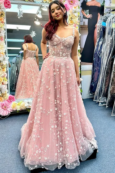 A-line Straps 2025 Newest Long Prom Dresses, Floral Girl Party Dresses, Elegant Wedding Guest Dresses