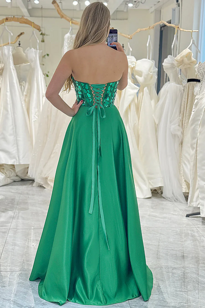 Strapless Green A-line Evening Party Dresses, Sweetheart Newest Long Prom Dresses, Sequins Bridesmaid Dresses