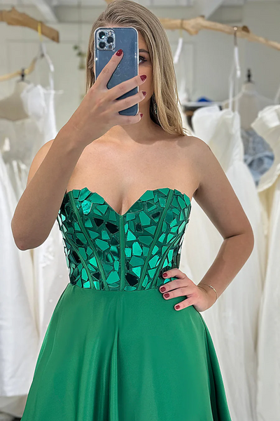 Strapless Green A-line Evening Party Dresses, Sweetheart Newest Long Prom Dresses, Sequins Bridesmaid Dresses