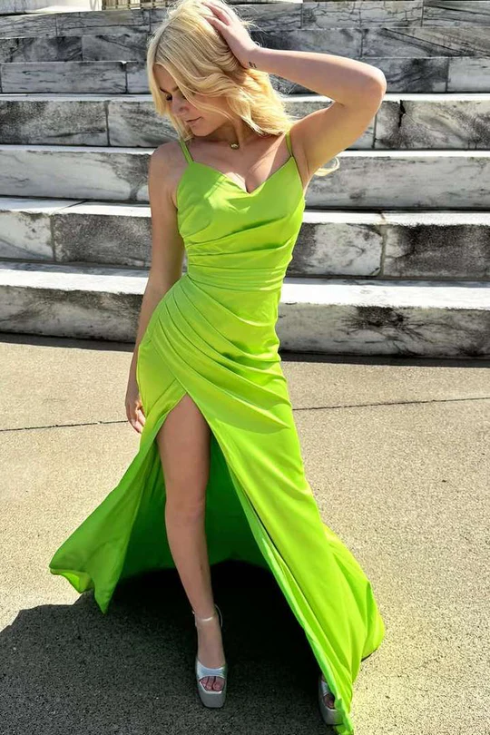 Spaghetti Straps V-neck Newest Long Prom Dresses, 2025 Side Slit Mermaid Bridesmaid Dresses