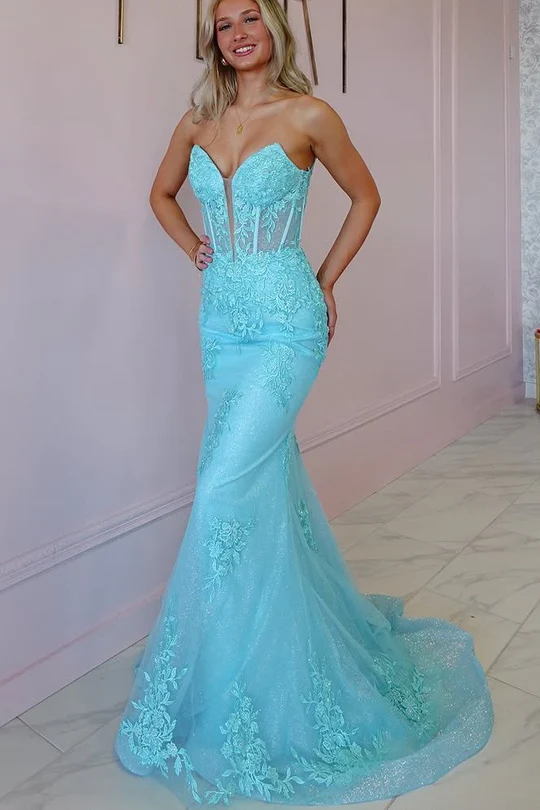 Strapless 2025 V-neck Newest Long Prom Dresses, Lace Mermaid Evening Party Dresses