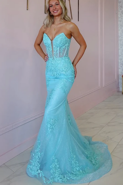 Strapless 2025 V-neck Newest Long Prom Dresses, Lace Mermaid Evening Party Dresses