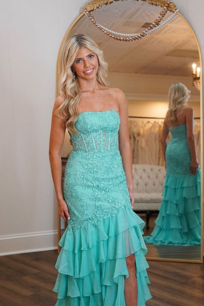 Strapless Lace Newest Long Prom Dresses, Puffy Wedding Guest Dresses, 2025 Party Dresses