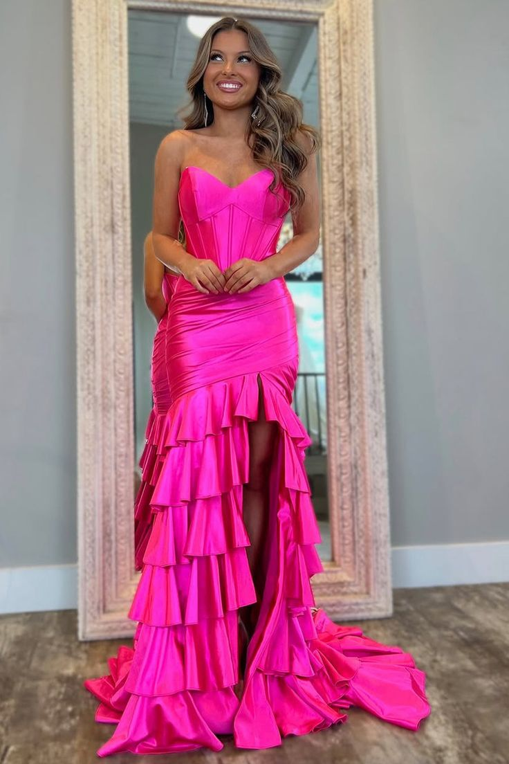 Strapless Mermaid Ruffle Satin Prom Dresses, 2025 Newest Long Prom Dresses