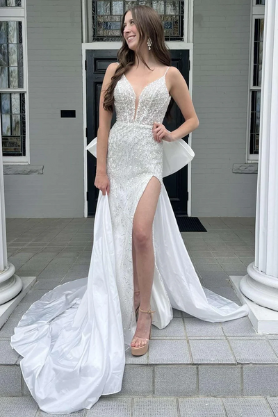 Newest Mermaid Wedding Dresses, Glitter Plunge Bridal Gowns, V-neck Wedding Dresses