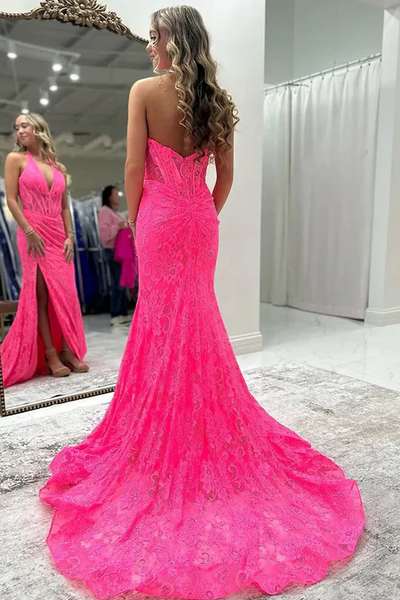 Pink Halter V-neck Graduation Party Dresses, Lace Mermaid Newest Long Prom Dresses