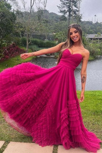 Sweetheart Empire Waist Newest Long Prom Dresses, Strapless Ruffles Formal Party Dresses