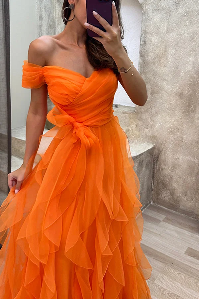 Orange Color Newest Long Prom Dresses, Off The Shoulder 2025 Girl Party Prom Dresses