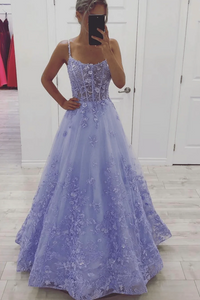 Spaghetti Straps A-line Wedding Guest Dresses, Appliques Elegant Newest Long Prom Dresses