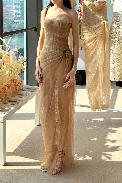 One Shoulder Dark Champagne Lace Tulle Fitted Gown, Newest Long Prom Dresses, Formal Wear