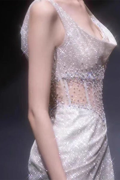 Square Neckline Shiny Sequin Tulle Mermaid Gown, High Slit Sexy Prom Dresses, Newest Prom Dresses