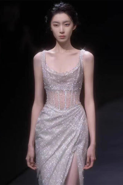 Square Neckline Shiny Sequin Tulle Mermaid Gown, High Slit Sexy Prom Dresses, Newest Prom Dresses