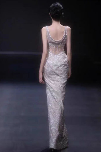 Square Neckline Shiny Sequin Tulle Mermaid Gown, High Slit Sexy Prom Dresses, Newest Prom Dresses