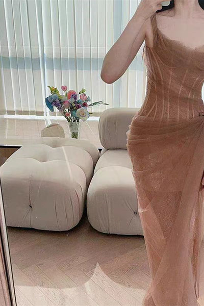 One Shoulder Dark Champagne Lace Tulle Fitted Gown, Newest Long Prom Dresses, Formal Wear