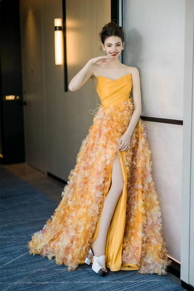 Strapless Floral A-line Gown, Long Prom Dresses, Princess Dresses, Graduation Dresses, Party Dresses