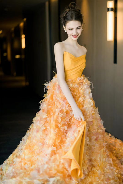 Strapless Floral A-line Gown, Long Prom Dresses, Princess Dresses, Graduation Dresses, Party Dresses