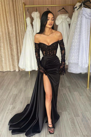 Off Shoulder Black Lace Satin Gown, High Side Slit Sexy Prom Dresses Long Prom Dresses, Newest Prom Dresses
