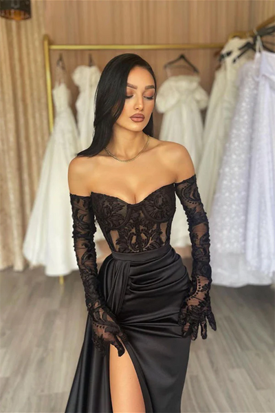 Off Shoulder Black Lace Satin Gown, High Side Slit Sexy Prom Dresses Long Prom Dresses, Newest Prom Dresses